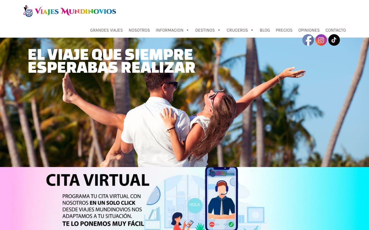 Captura de pantalla de la home de Viajes Mundinovios