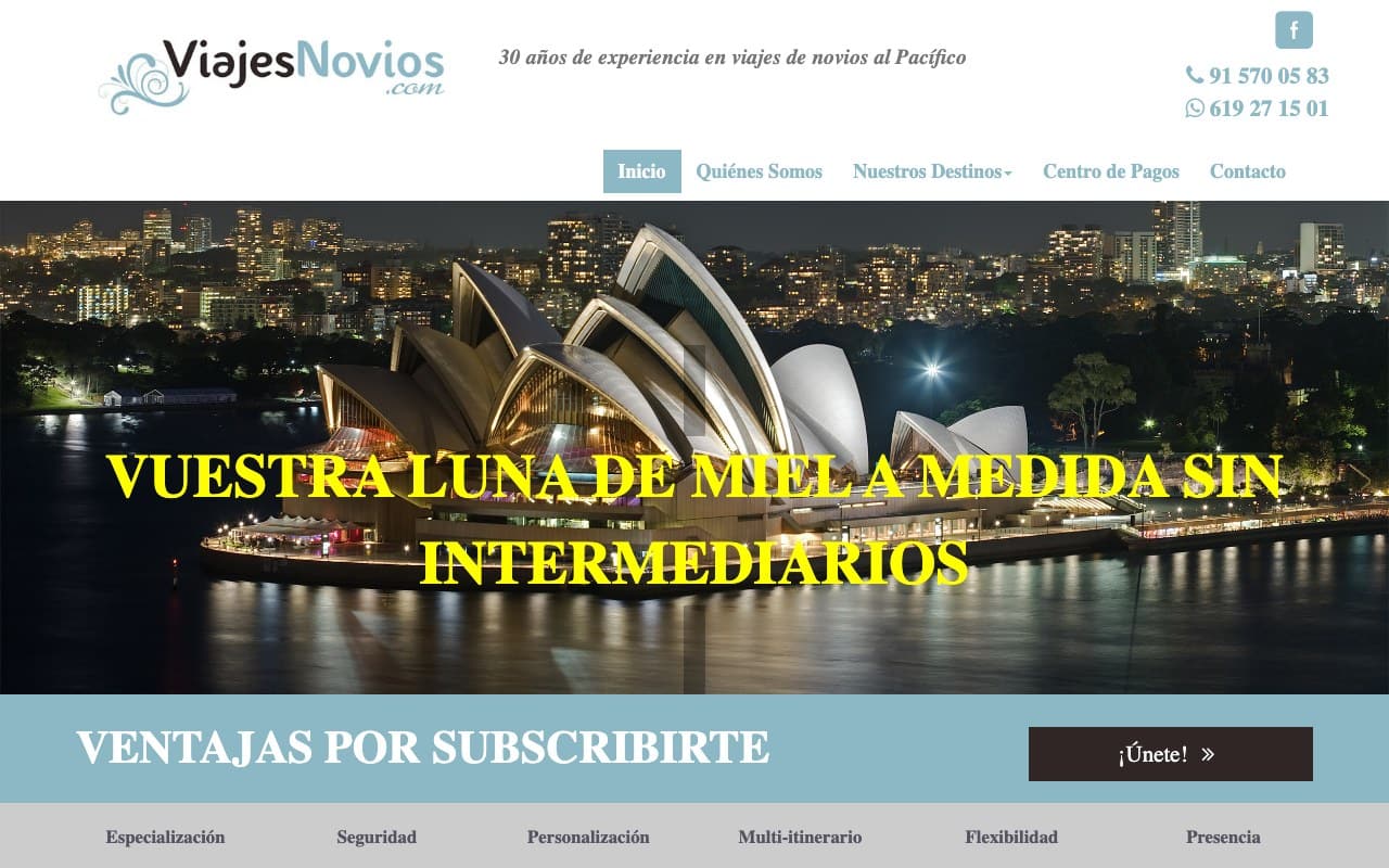 Captura de pantalla de la home de Viajes Novios