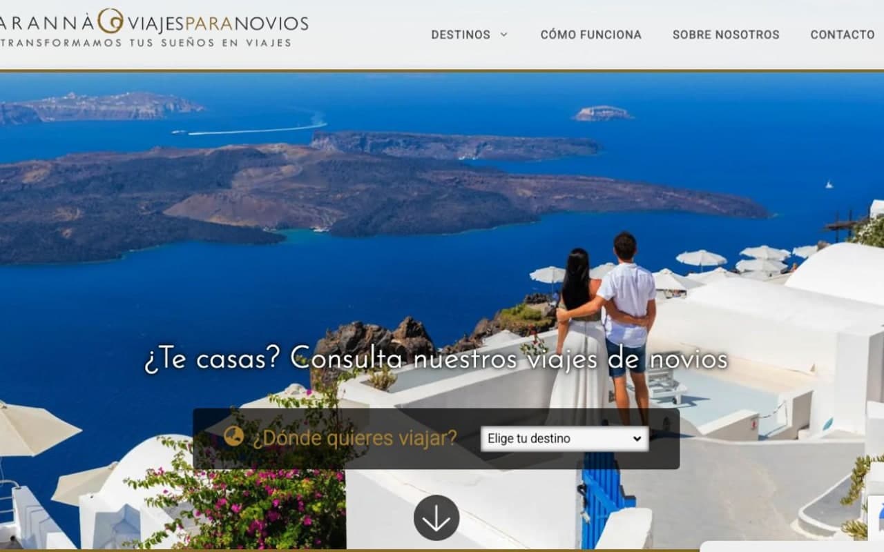 Captura de pantalla de la home de Viajes para Novios · Tarannà