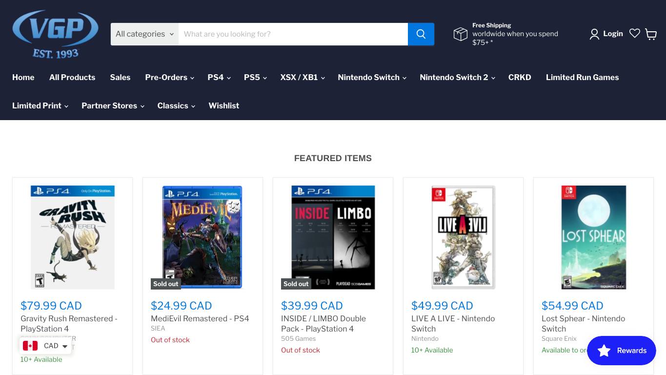 Captura de pantalla de la home de Video Games Plus