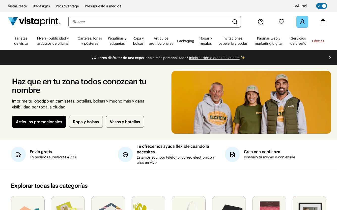 Captura de pantalla de la home de VistaPrint