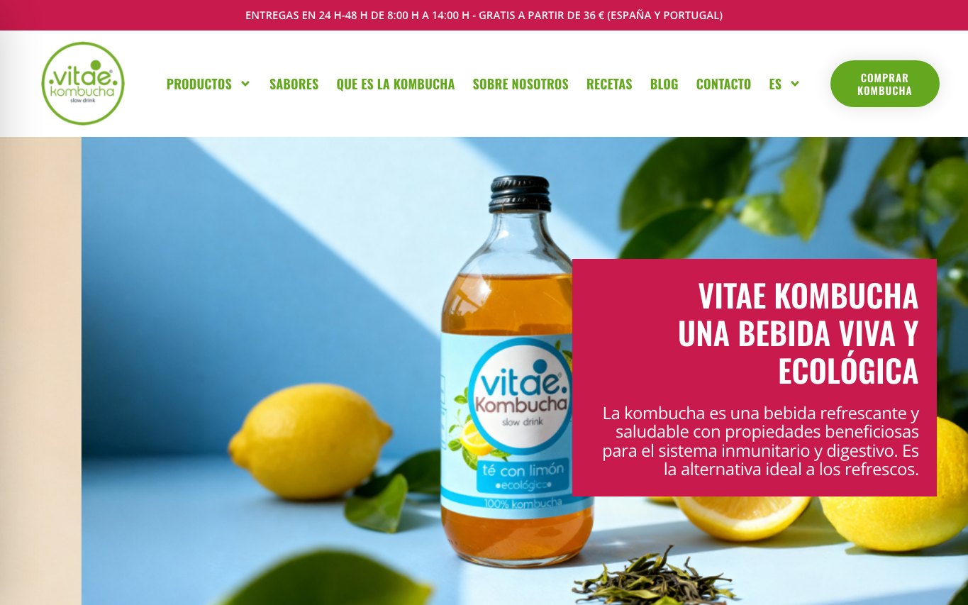 Captura de pantalla de la home de Vitae Kombucha