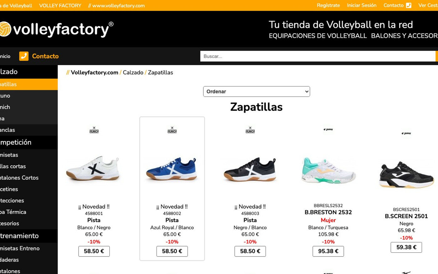 Captura de pantalla de la home de Volley Factory
