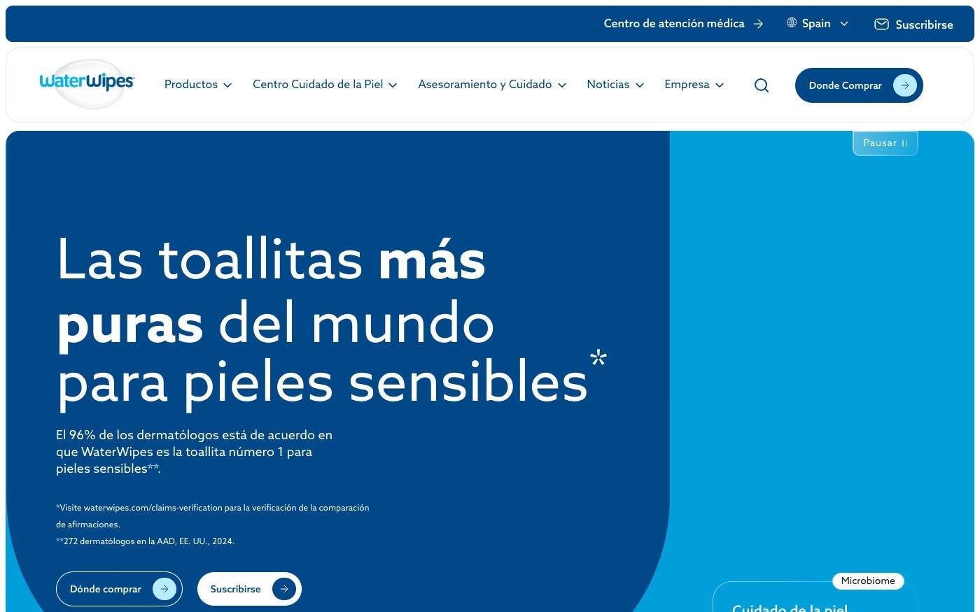 Captura limpia de la home oficial de WaterWipes