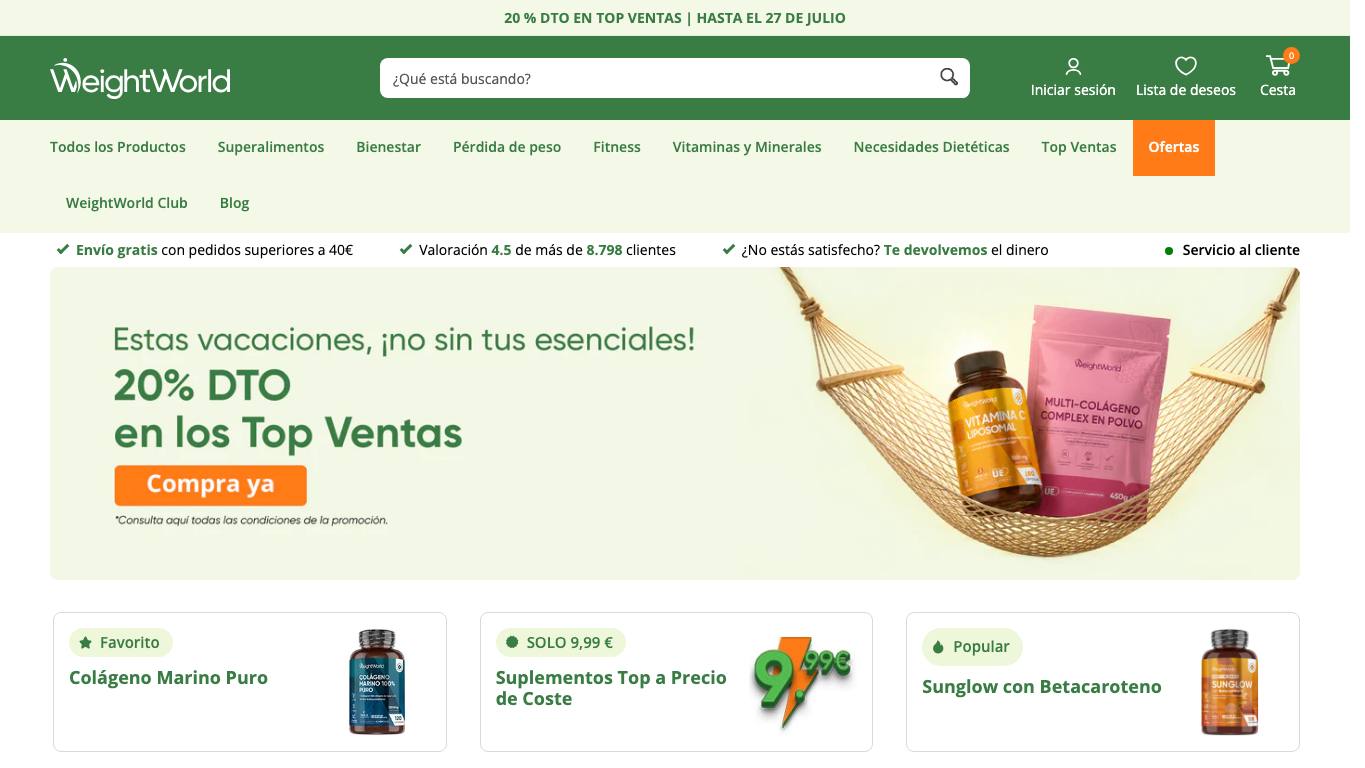 Captura de pantalla de la home de WeightWorld
