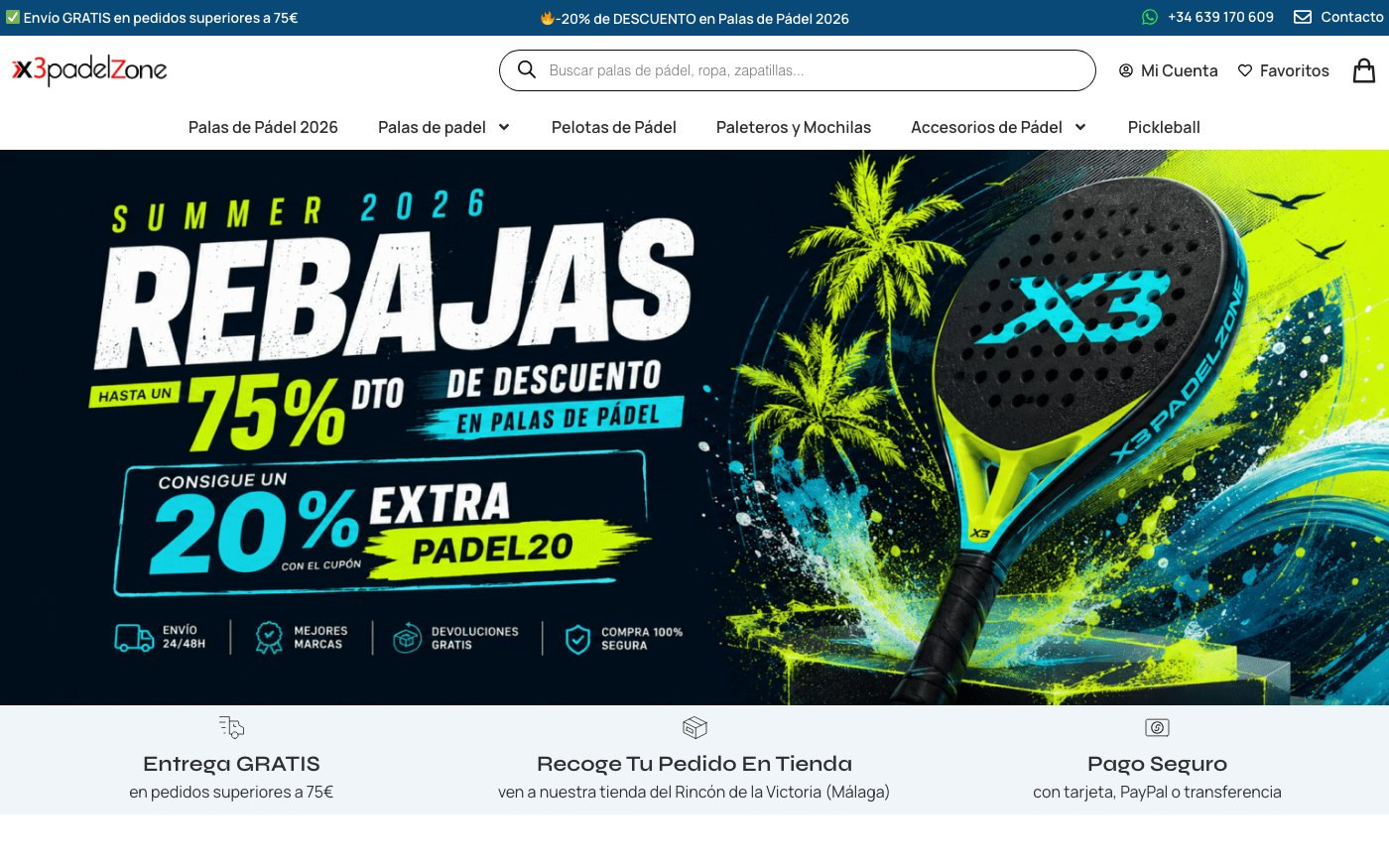 Captura de pantalla de la home de X3 Pádel Zone