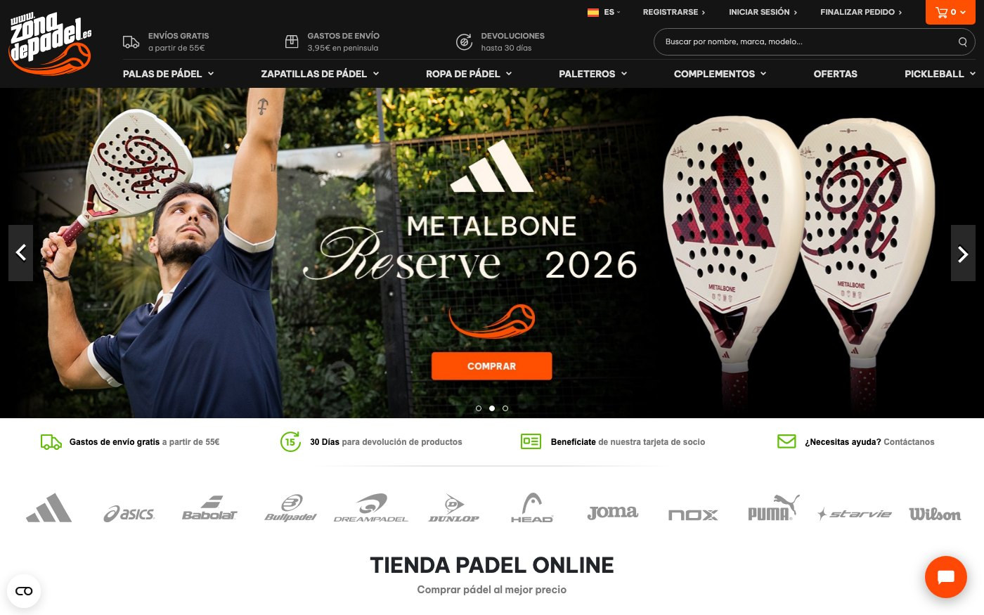 Captura de pantalla de la home de Zona de Padel