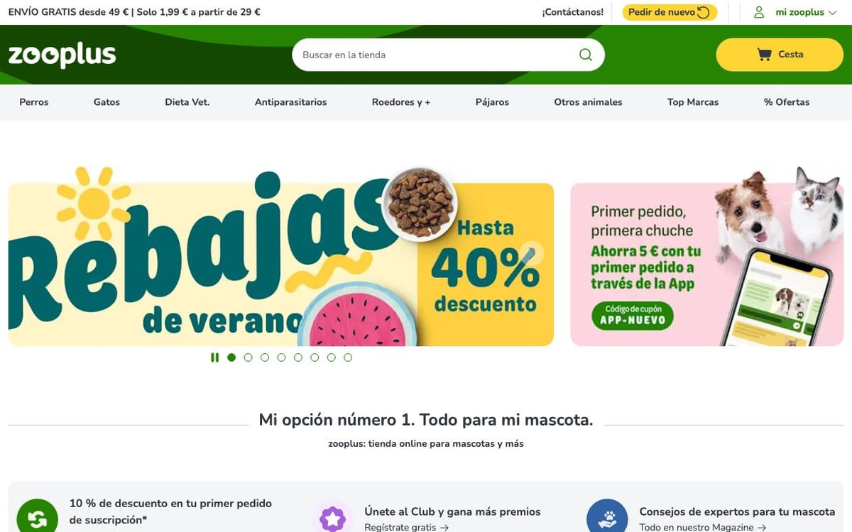 Captura limpia de la home oficial de Zooplus